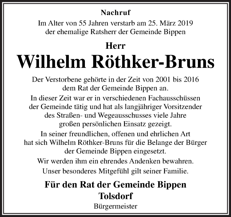  Traueranzeige für Wilhelm Röthker-Bruns vom 29.03.2019 aus Neue Osnabrücker Zeitung GmbH & Co. KG