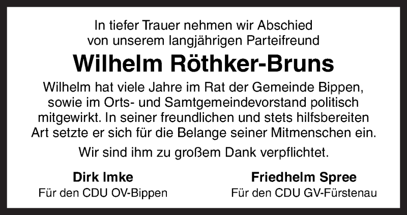  Traueranzeige für Wilhelm Röthker-Bruns vom 28.03.2019 aus Neue Osnabrücker Zeitung GmbH & Co. KG