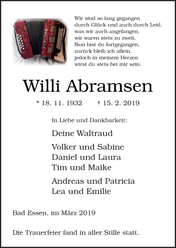 Traueranzeige von Willi Abramsen von Neue Osnabrücker Zeitung GmbH & Co. KG