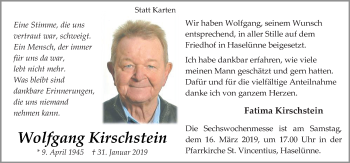Traueranzeige von Wolfgang Kirschstein von Neue Osnabrücker Zeitung GmbH & Co. KG