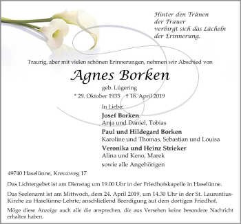 Traueranzeige von Agnes Borken von Neue Osnabrücker Zeitung GmbH & Co. KG