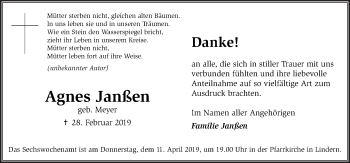 Traueranzeige von Agnes Janßen von Neue Osnabrücker Zeitung GmbH & Co. KG