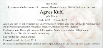 Traueranzeige von Agnes Kuhl von Neue Osnabrücker Zeitung GmbH & Co. KG