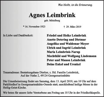 Traueranzeige von Agnes Leimbrink von Neue Osnabrücker Zeitung GmbH & Co. KG