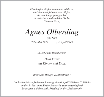 Traueranzeige von Agnes Olberdmg von Neue Osnabrücker Zeitung GmbH & Co. KG