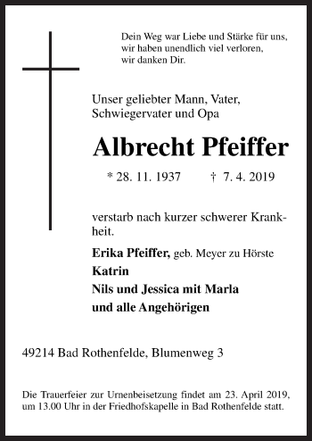 Traueranzeige von Albrecht Pfeiffer von Neue Osnabrücker Zeitung GmbH & Co. KG