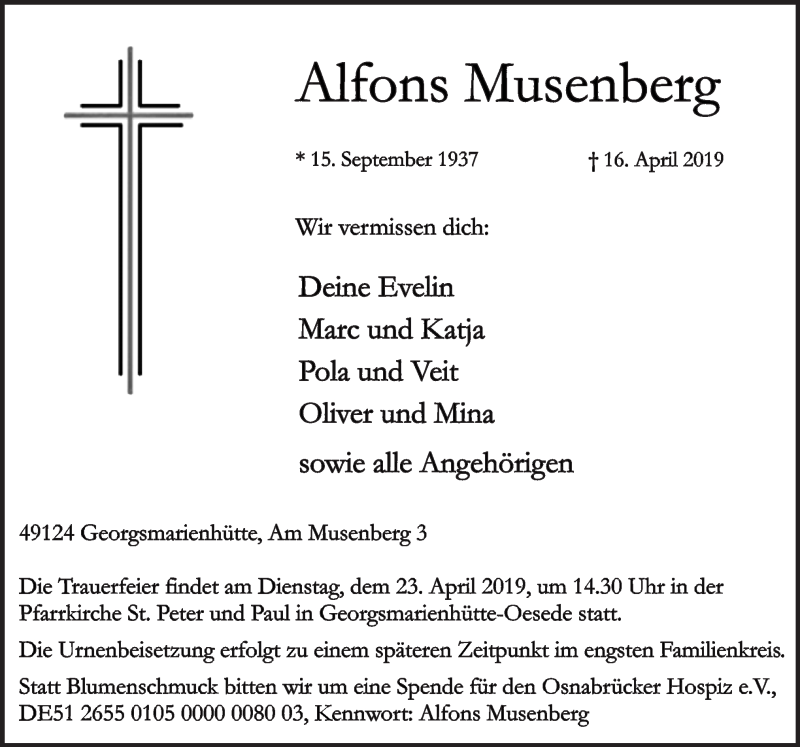  Traueranzeige für Alfons Musenberg vom 18.04.2019 aus Neue Osnabrücker Zeitung GmbH & Co. KG
