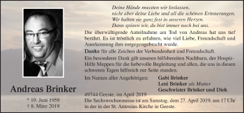 Traueranzeige von Andreas Brinker von Neue Osnabrücker Zeitung GmbH & Co. KG