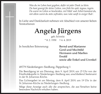 Traueranzeige von Angela Jürgens von Neue Osnabrücker Zeitung GmbH & Co. KG