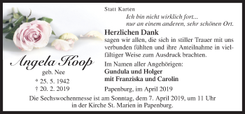 Traueranzeige von Angela Koop von Neue Osnabrücker Zeitung GmbH & Co. KG