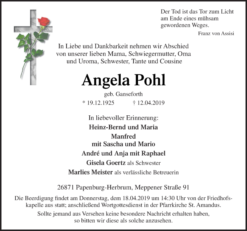  Traueranzeige für Angela Pohl vom 15.04.2019 aus Neue Osnabrücker Zeitung GmbH & Co. KG