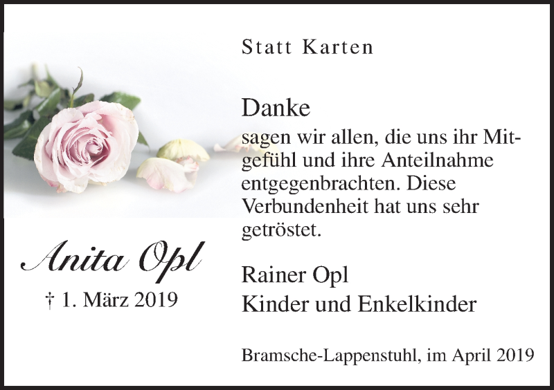  Traueranzeige für Anita Opl vom 27.04.2019 aus Neue Osnabrücker Zeitung GmbH & Co. KG