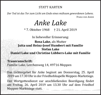 Traueranzeige von Anke Lake von Neue Osnabrücker Zeitung GmbH & Co. KG