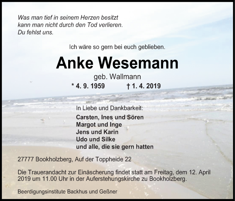  Traueranzeige für Anke Wesemann vom 06.04.2019 aus Neue Osnabrücker Zeitung GmbH & Co. KG