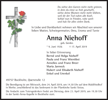 Traueranzeige von Anna Niehoff von Neue Osnabrücker Zeitung GmbH & Co. KG