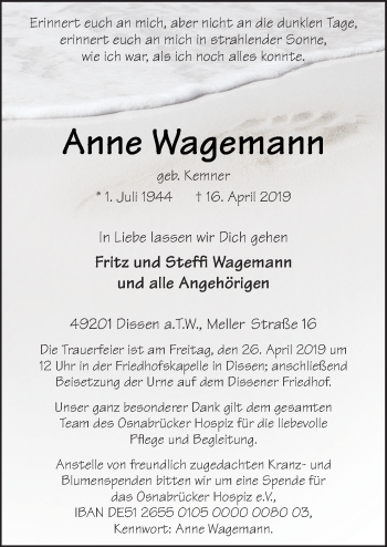 Traueranzeige von Anne Wagemann von Neue Osnabrücker Zeitung GmbH & Co. KG