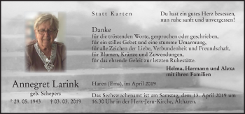 Traueranzeige von Annegret Larink von Neue Osnabrücker Zeitung GmbH & Co. KG
