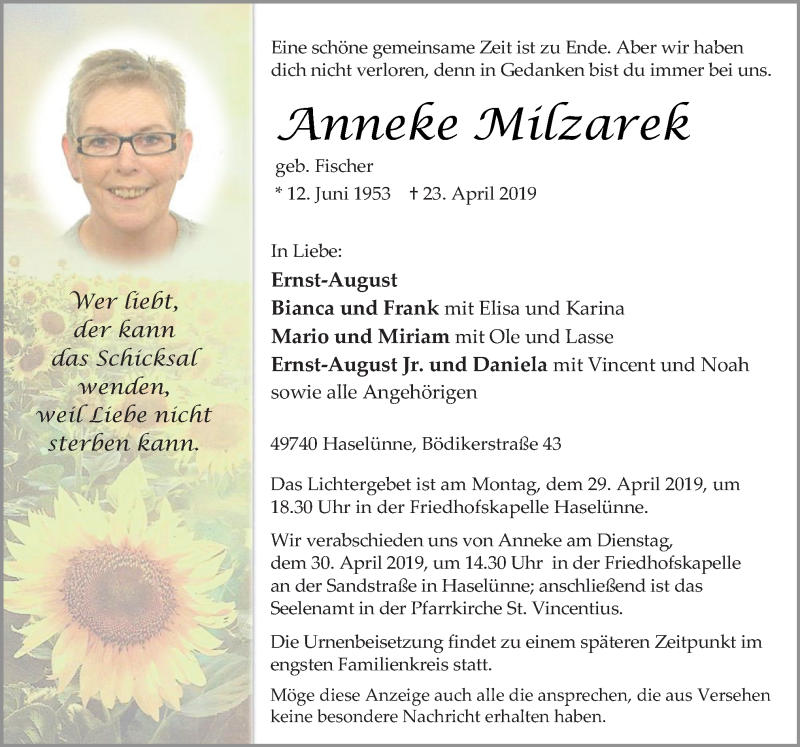  Traueranzeige für Anneke Milzarek vom 26.04.2019 aus Neue Osnabrücker Zeitung GmbH & Co. KG