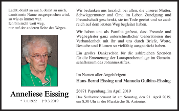 Traueranzeige von Anneliese Eissing von Neue Osnabrücker Zeitung GmbH & Co. KG