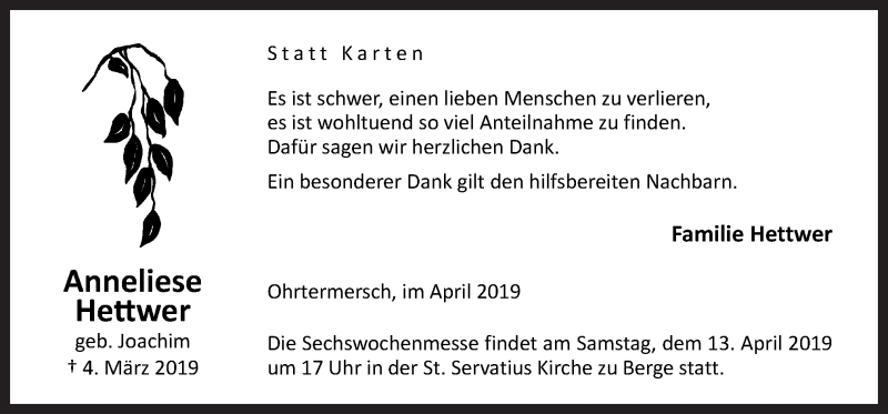  Traueranzeige für Anneliese Hettwer vom 12.04.2019 aus Neue Osnabrücker Zeitung GmbH & Co. KG