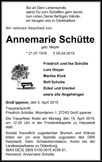 Traueranzeige von Annemarie Schütte von Neue Osnabrücker Zeitung GmbH & Co. KG