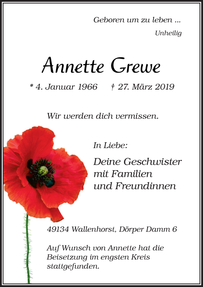  Traueranzeige für Annette Grewe vom 06.04.2019 aus Neue Osnabrücker Zeitung GmbH & Co. KG