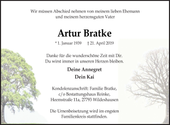 Traueranzeige von Artur Bratke von Neue Osnabrücker Zeitung GmbH & Co. KG