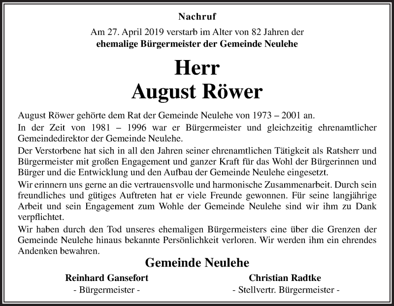 Traueranzeige für August Röwer vom 30.04.2019 aus Neue Osnabrücker Zeitung GmbH & Co. KG