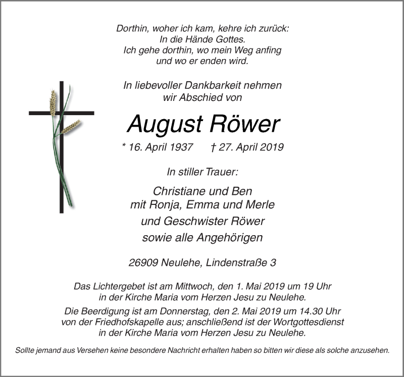  Traueranzeige für August Röwer vom 29.04.2019 aus Neue Osnabrücker Zeitung GmbH & Co. KG