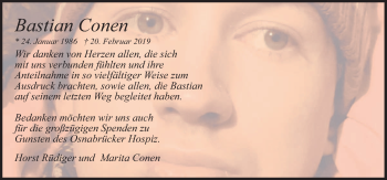 Traueranzeige von Bastian Conen von Neue Osnabrücker Zeitung GmbH & Co. KG