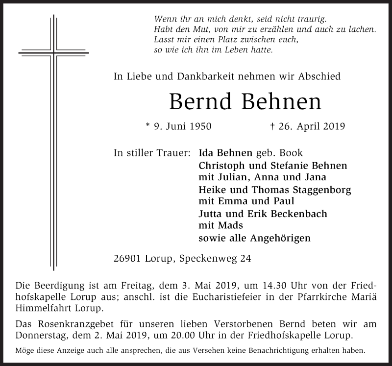  Traueranzeige für Bernd Behnen vom 30.04.2019 aus Neue Osnabrücker Zeitung GmbH & Co. KG