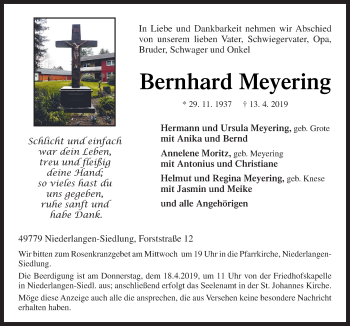 Traueranzeige von Bernhard Meyering von Neue Osnabrücker Zeitung GmbH & Co. KG