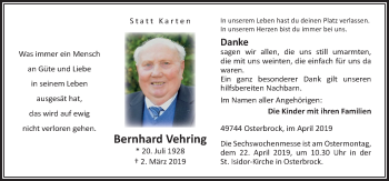 Traueranzeige von Bernhard Vehring von Neue Osnabrücker Zeitung GmbH & Co. KG