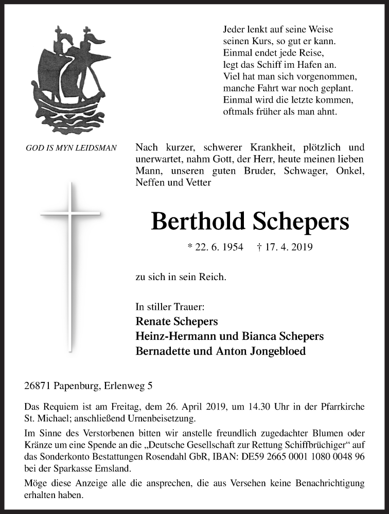  Traueranzeige für Berthold Schepers vom 20.04.2019 aus Neue Osnabrücker Zeitung GmbH & Co. KG
