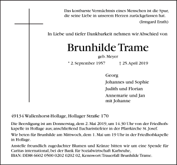 Traueranzeige von Brunhilde Trame von Neue Osnabrücker Zeitung GmbH & Co. KG