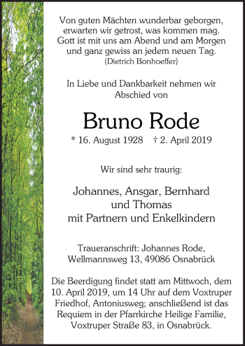 Traueranzeige von Bruno Rode von Neue Osnabrücker Zeitung GmbH & Co. KG