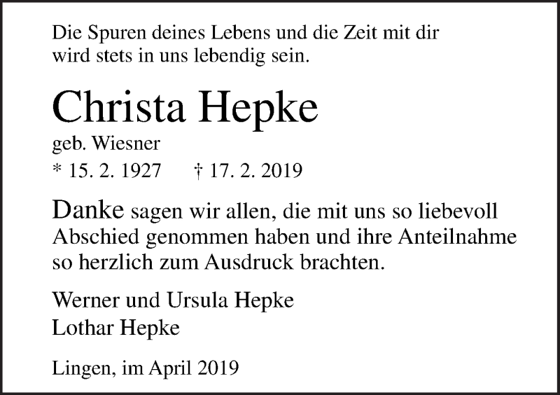  Traueranzeige für Christa Hepke vom 06.04.2019 aus Neue Osnabrücker Zeitung GmbH & Co. KG