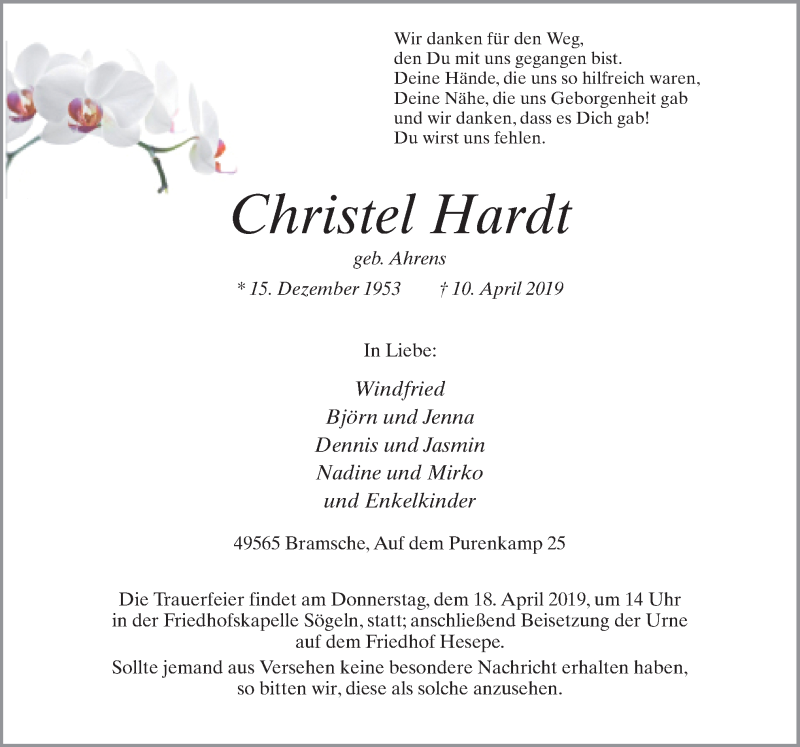  Traueranzeige für Christel Hardt vom 15.04.2019 aus Neue Osnabrücker Zeitung GmbH & Co. KG