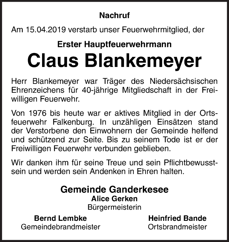 Traueranzeige für Claus Blankemeyer vom 24.04.2019 aus Neue Osnabrücker Zeitung GmbH & Co. KG