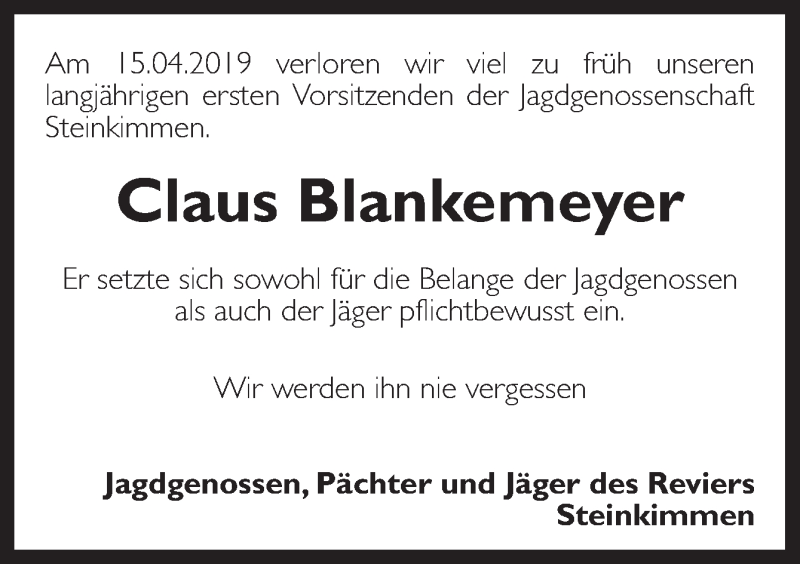 Traueranzeige für Claus Blankemeyer vom 25.04.2019 aus Neue Osnabrücker Zeitung GmbH & Co. KG