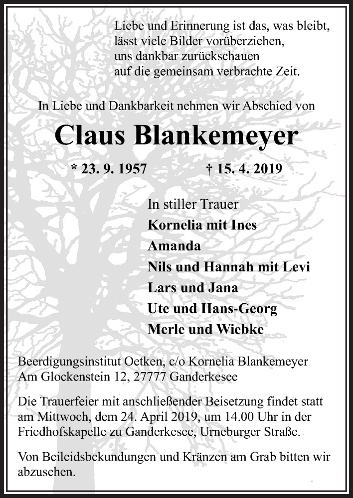  Traueranzeige für Claus Blankemeyer vom 18.04.2019 aus Neue Osnabrücker Zeitung GmbH & Co. KG