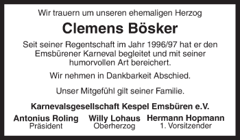 Traueranzeige von Clemens Bösker von Neue Osnabrücker Zeitung GmbH & Co. KG