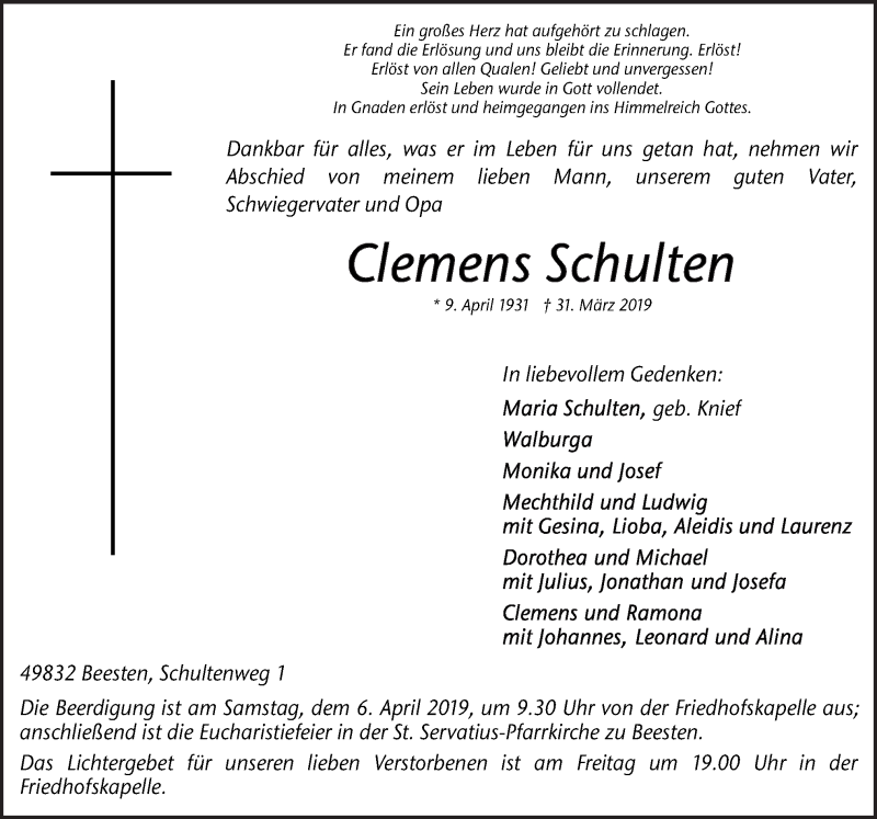  Traueranzeige für Clemens Schulten vom 02.04.2019 aus Neue Osnabrücker Zeitung GmbH & Co. KG