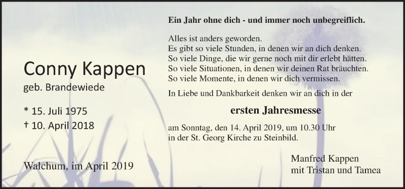 Traueranzeige für Conny Kappen vom 10.04.2019 aus Neue Osnabrücker Zeitung GmbH & Co. KG