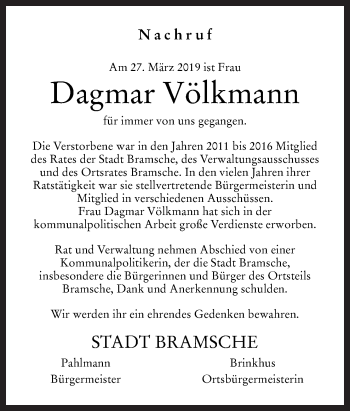 Traueranzeige von Dagmar Völkmann von Neue Osnabrücker Zeitung GmbH & Co. KG