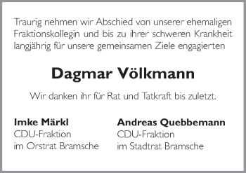Traueranzeige von Dagmar Völkmann von Neue Osnabrücker Zeitung GmbH & Co. KG