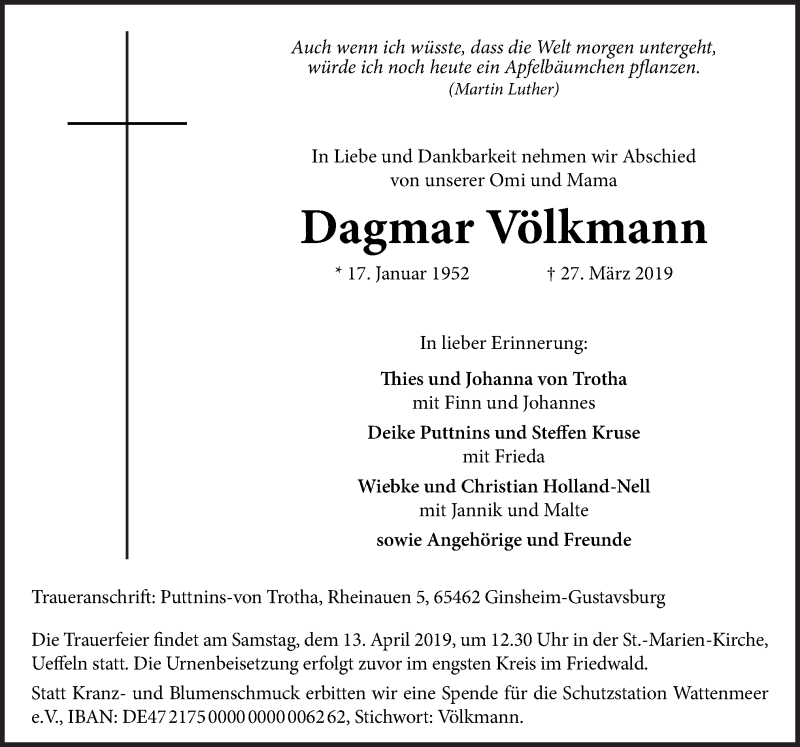  Traueranzeige für Dagmar Völkmann vom 09.04.2019 aus Neue Osnabrücker Zeitung GmbH & Co. KG