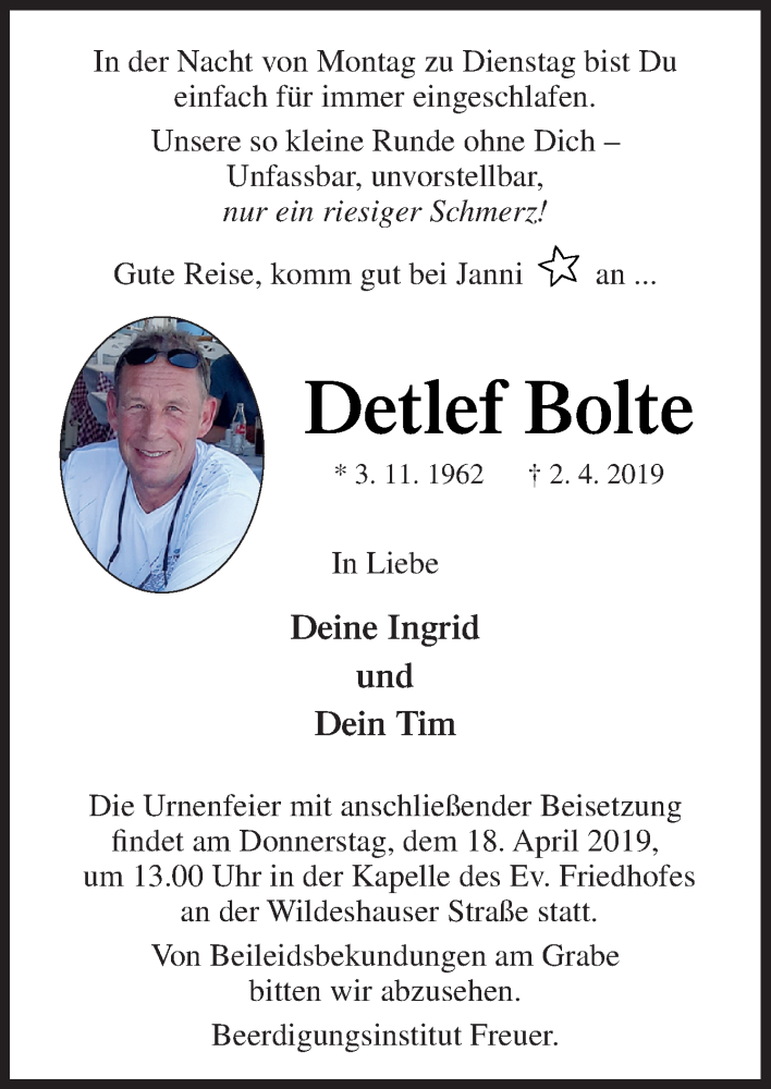  Traueranzeige für Detlef Bolte vom 06.04.2019 aus Neue Osnabrücker Zeitung GmbH & Co. KG