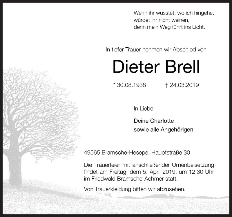  Traueranzeige für Dieter Brell vom 02.04.2019 aus Neue Osnabrücker Zeitung GmbH & Co. KG