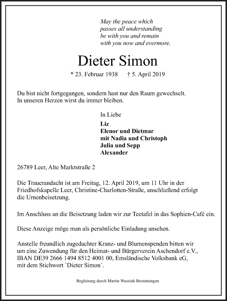  Traueranzeige für Dieter Simon vom 09.04.2019 aus Neue Osnabrücker Zeitung GmbH & Co. KG